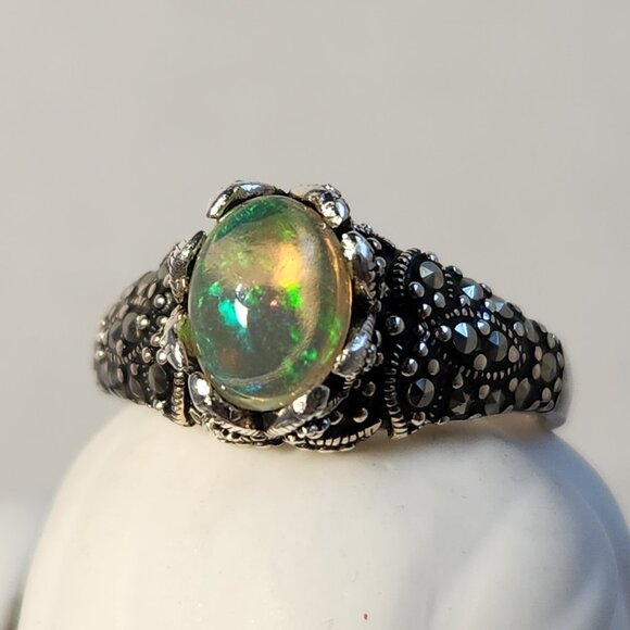 VTG 4.31g 925 Natural Ethiopian Welo Fire Opal W/ Marcasite Ring Sz 6 - Picture 3 of 15